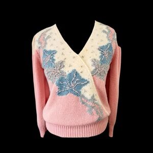 Floral Knit V-Neck Sweater - Pink and Cream